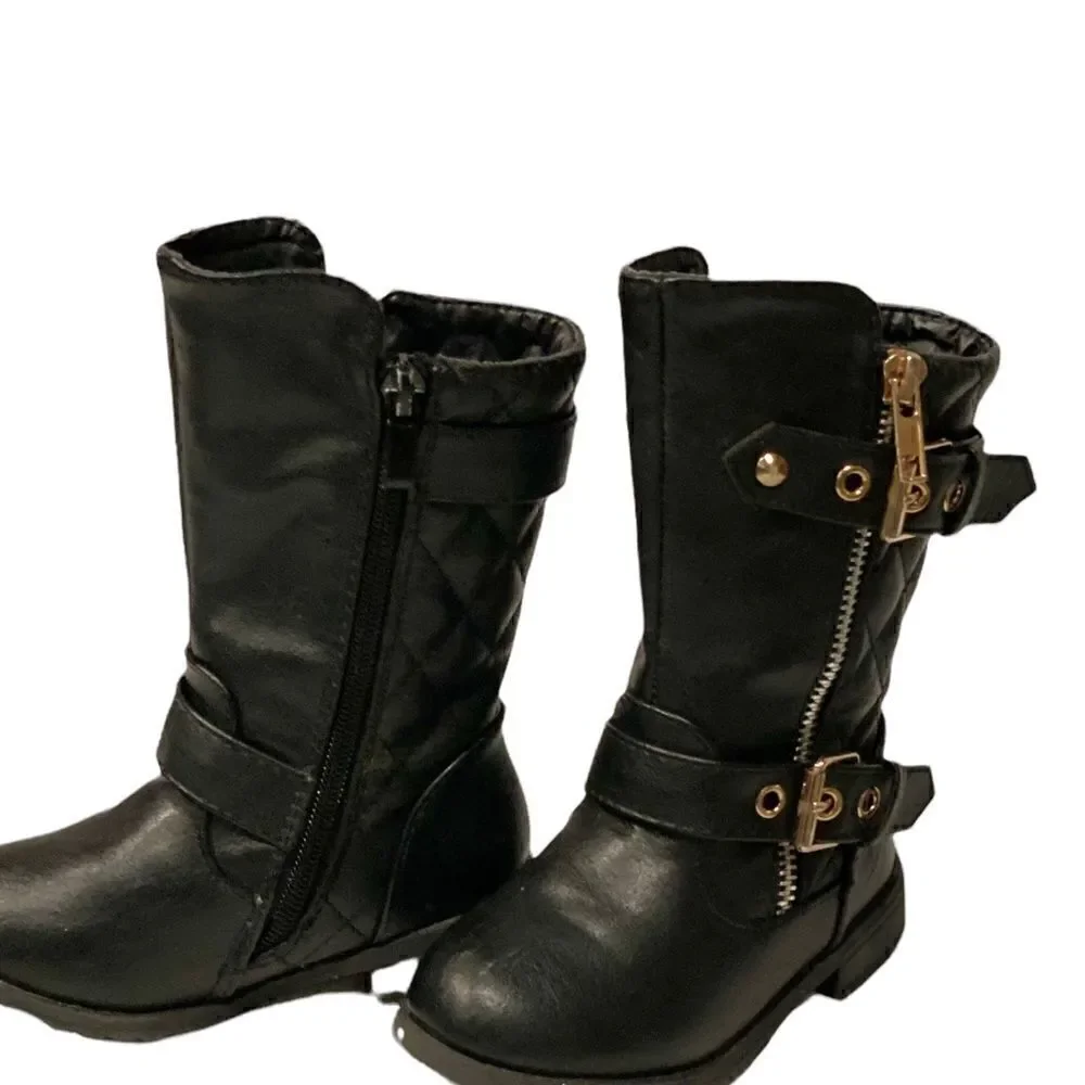 Link Baby Girls Black Dual Buckle/Zip Quilted Black Moto Boots